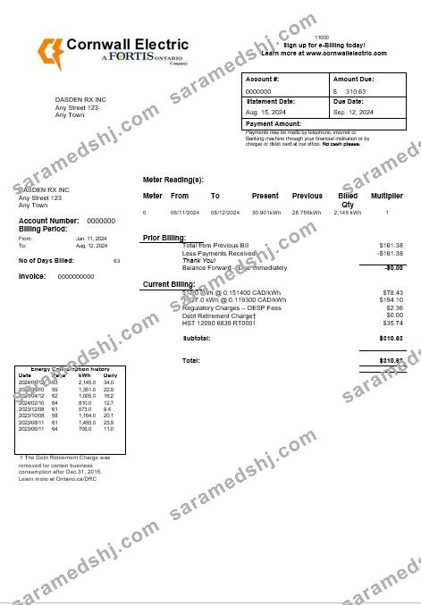 USA Cornwall Electric business utility bill template in Word and PDF formats